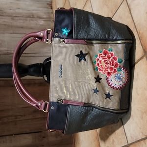 Desigual purse embroidered patch stars flowers handbag black tan Burgundy